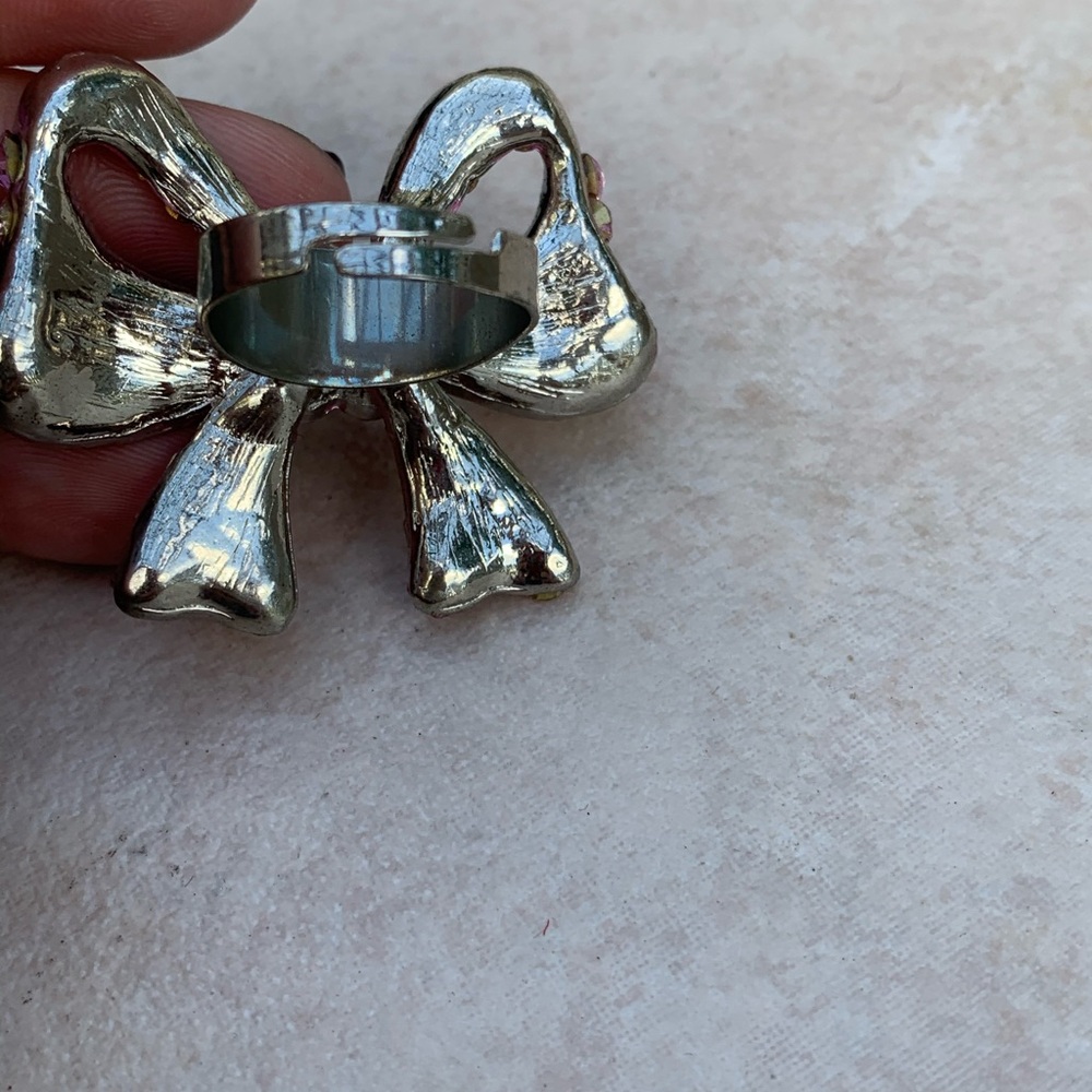 Statement Silver Tone Pink Crystal Bow Adjustable Size Ring - Picture 2 of 3